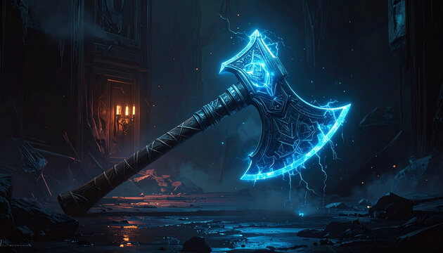 Fantasy axe with glowing energy against a dark background in dramatic lighting