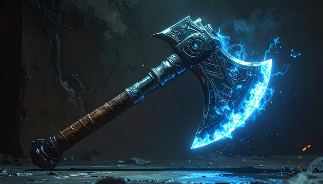 Fantasy axe with glowing energy against a dark background weapon concept