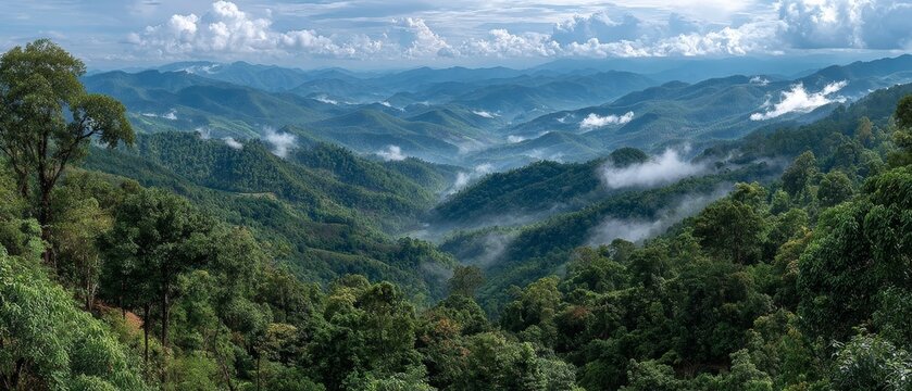 A lush green forest valley with misty clouds floating over rolling mountains in the background.
