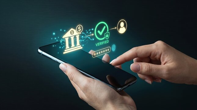 Mobile banking verification process on smartphone showing bank icon, verified checkmark, password field, and fingerprint scan, secure financial authentication and identity confi...