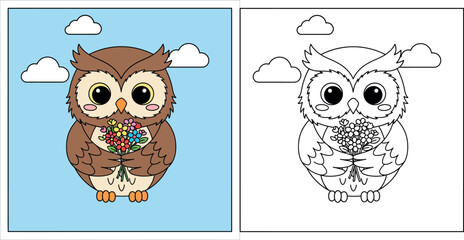 Fototapeta premium Cute Cartoon Owl Holding a Colorful Bouquet of Flowers against a Light Blue Sky with Clouds