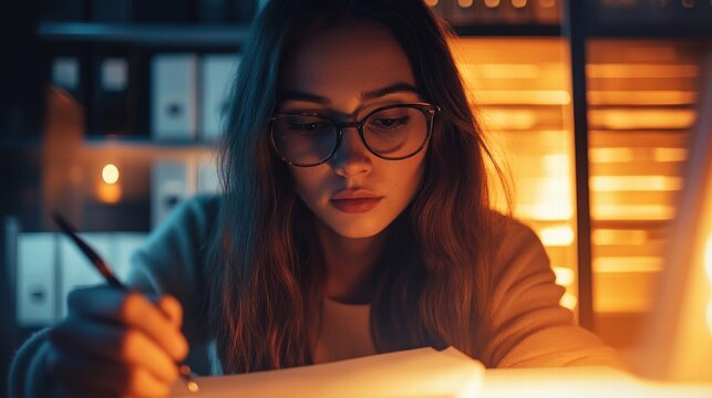 woman writing in notebook at night