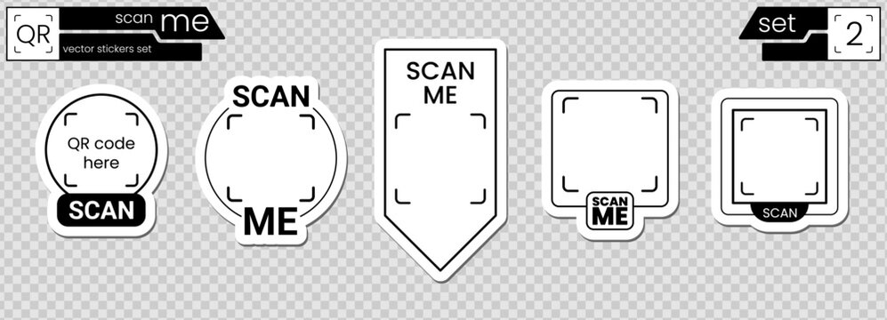 Scan me icon and qr code frame with sticker logo arrow. Design phone payment and shape vector qrcode with cta app website. Set scan barcode and tag qr box with badge code illustration