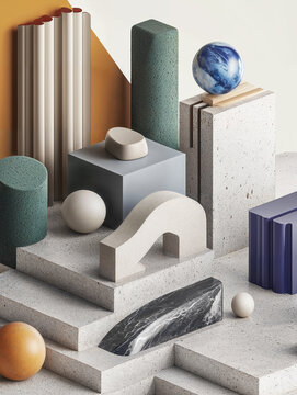 Minimalist geometric composition with blocks and spheres in soft tones