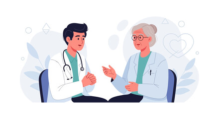 Fototapeta premium Two doctors, a man and a woman, in discussion. The woman is older and wears glasses, the man younger, both in white coats and stethoscopes.