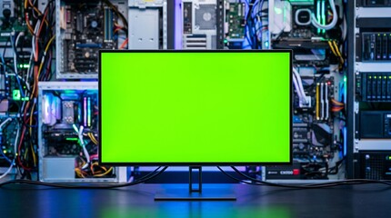 Fototapeta premium Blank green screen computer monitor set against a complex background of open server computer hardware and intricate wiring in a modern technical workspace