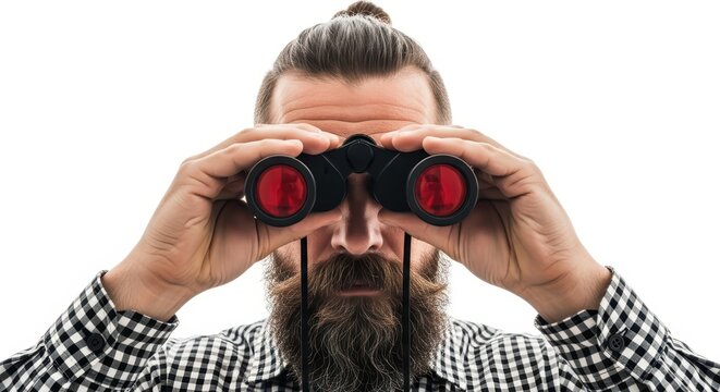 Bearded Hipster Man Looking Through Binoculars Isolated on White Background - Concept of Vision and Search