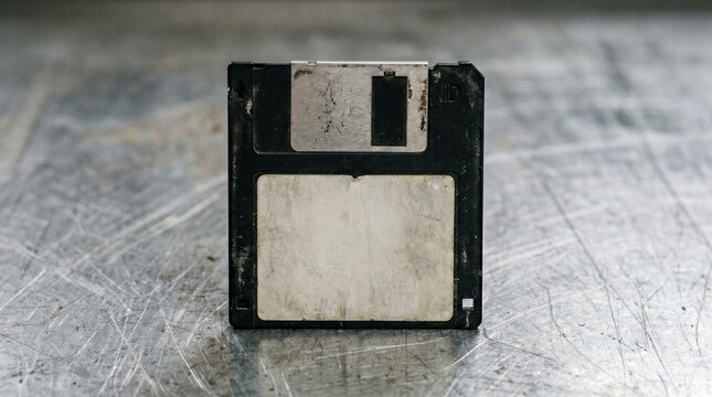 Aged black magnetic floppy disk resting on a scratched metallic surface representing vintage data storage technology from the late twentieth century
