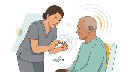 Fototapeta premium Nurse assisting elderly patient with hearing aid adjustment, illustrating audiology and healthcare support.