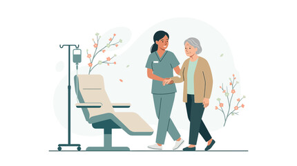 Fototapeta premium Caring nurse assists elderly patient walking with IV drip stand and treatment chair in background, modern vector illustration