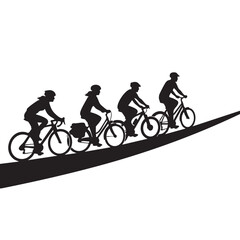 Obraz premium Bicyclists Riding Downhill in a Row, Black Silhouettes on a White Background, Dynamic Motion Illustration featuring cycling, group, sport