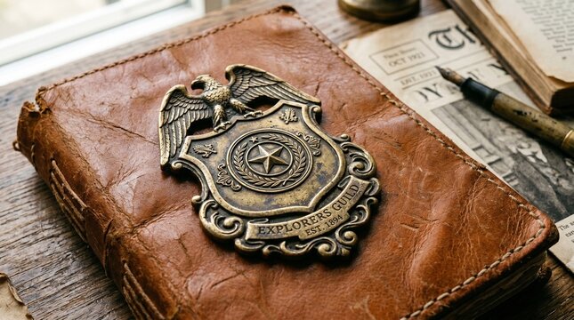 Vintage brass explorers guild badge resting atop a weathered leather bound journal with a fountain pen and antique newspaper on a wooden desktop