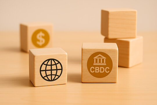 Wooden Cubes With Dollar Sign Globe And Central Bank Digital Currency Symbols