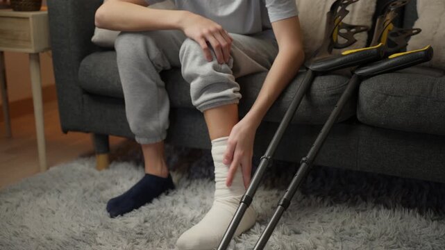Unrecognizable teenage boy with a leg cast sitting on a couch at home, massaging his injured limb and experiencing pain during recovery from an accident.