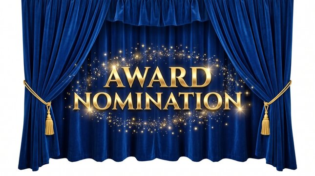 Award nomination ceremony vector illustration featuring golden text with glowing sparkles and stars against a luxury blue velvet stage curtain background design template.