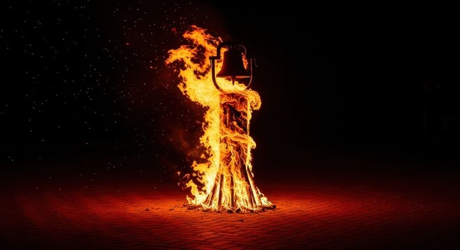 Dramatic Ritual Fire Burning a Wooden Pillar with a Metal Bell at Night with Sparks and Dark Background