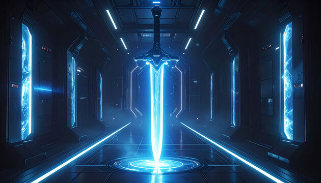 Futuristic glowing sword in a dark hallway digital art illustration