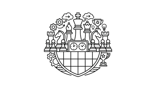 Modern Black and White Line Art Chess Set with Globe Gears Clouds Clocks and Trophy Icons with high quality professional line art symbols for modern creative design and digital branding projects