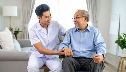 Fototapeta premium Young caregiver kindly holds hand of elderly man in wheelchair at home