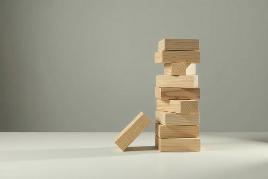 A precarious stack of wooden blocks, one piece precariously leaning, symbolizing risk, instability, and the delicate balance of success