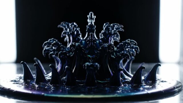 Abstract ferrofluid magnetic liquid spikes, scientific reaction in slow motion. Dark iridescent fluid forms complex geometric shapes and ripples, artistic macro shot for tech and science projects.