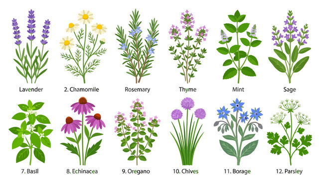 Flat Vector Botanical Illustration of Culinary and Medicinal Herbs