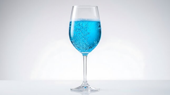 Refreshing blue beverage in a wine glass with bubbles on a white surface