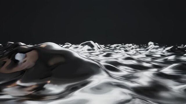 Abstract Liquid Chrome Waves Motion Background. Silvery Metallic Fluid Ripples Flowing in Continuous Motion, Perfect for Luxury Digital Art, Modern Tech Backgrounds, and Futuristic Visual Projects.