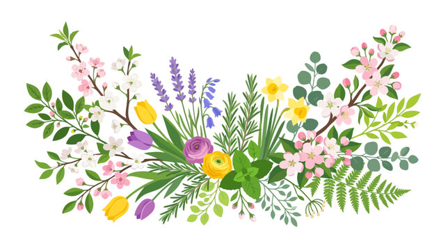 Floral Spring Arrangement: Tulips, Daffodils, Lavender, Blossoms