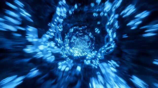 Abstract blue light tunnel warp speed travel, digital motion background.