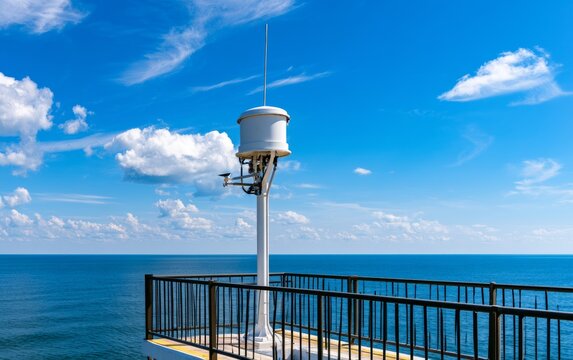 Coastal Tide Gauge Monitoring Station with Blue Sky and Ocean Background