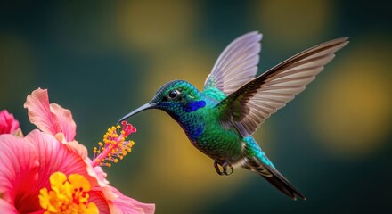 Fototapeta premium Vibrant Hummingbird Hovering and Feeding on a Pink Hibiscus Flower in a Lush Tropical Garden