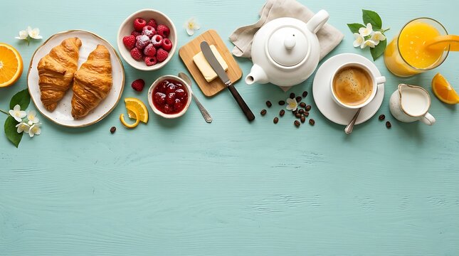 Delicious breakfast flat lay with croissants fruit coffee and orange juice on wood