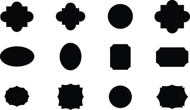 Vintage label frame silhouette vector set with black blank badges sticker templates and geometric shapes isolated on white background.