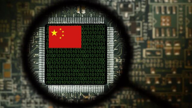 Flag of China on a processor. Computer board with chip. View through magnifying glass.