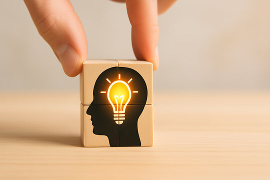 Wooden Cube With Silhouette Of A Human Head And Glowing Lightbulb Inside