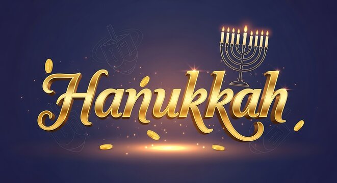 A glowing golden text spelling 'Hanukkah' sits atop a menorah with a star of David in a festive celebration illustration.