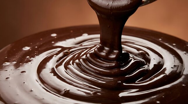 Rich melted dark chocolate pouring into a swirl creating a decadent dessert background