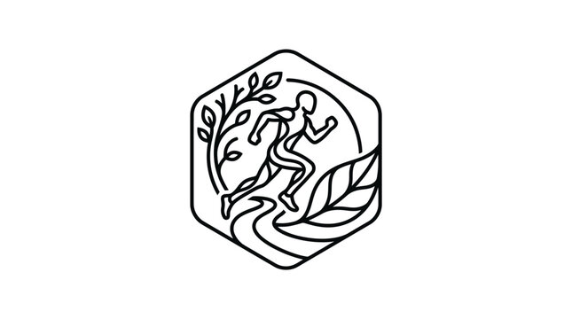 Professional Black and White Hexagonal Logo with Tree and Running Human Silhouettes with high quality professional line art symbols for modern creative design and digital branding projects