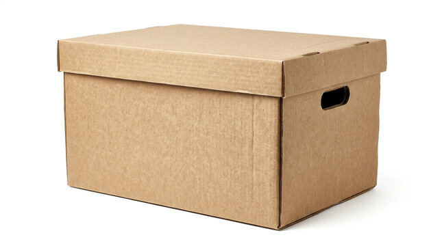 Minimalist corrugated paper archive box with side handles and natural soft daylight lighting on white