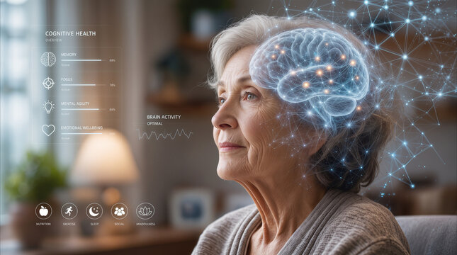 Senior woman visualizing cognitive health through digital brain interface. Advanced medical technology monitoring mental agility and brain activity in elderly patients.