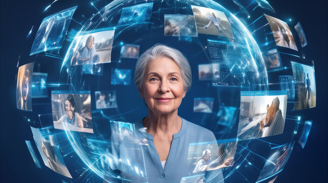 Senior woman surrounded by digital memory sphere with floating holographic photos. Concept of life review and personal data storage in virtual environment.