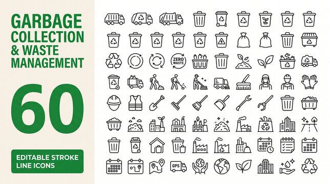 Garbage collection and waste management icon set, 60 editable stroke line icons for recycling and sanitation, green eco-friendly environmental icons for sustainable urban waste disposal services.
