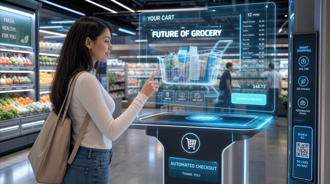 Grocery shopper interacting with holographic digital interface at automated checkout kiosk in futuristic supermarket.