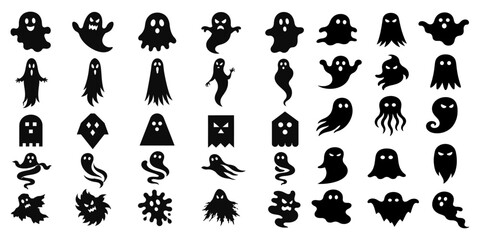 Fototapeta premium Diverse collection of black silhouette ghost graphics for halloween designs and spooky themed projects