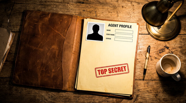 An open file folder labeled Agent Profile with TOP SECRET stamped on it, sits on a wooden desk next to a lamp and a coffee mug
