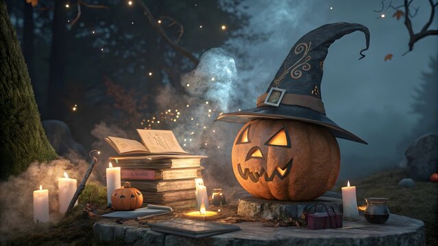 Halloween jack-o-lantern with witch hat burning in mystical forest. Spooky carved pumpkin glowing with eerie firelight in autumn night setting