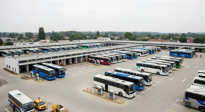 Extensive Bus Depot with a Large Fleet of Vehicles Parked and Ready for Service