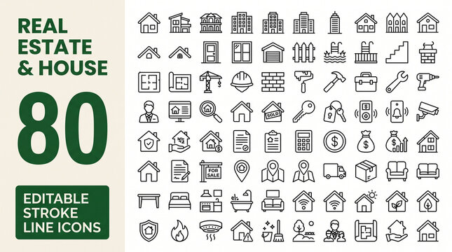 Real estate and house line icons set, 80 editable stroke vector symbols for property development. Minimalist home construction and mortgage icons. Professional residential architecture icon pack.