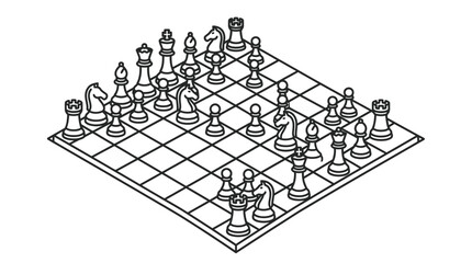Sleek Isometric Chess Set with Black and White Pieces on a Modern Chessboard Minimalist Style with high quality professional line art symbols for modern creative design and digital branding projects © dyah arum sari